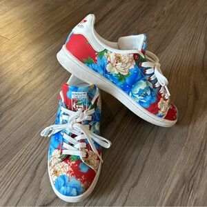 Adidas Stan Smith Dark Red Floral Sneakers, Size 7